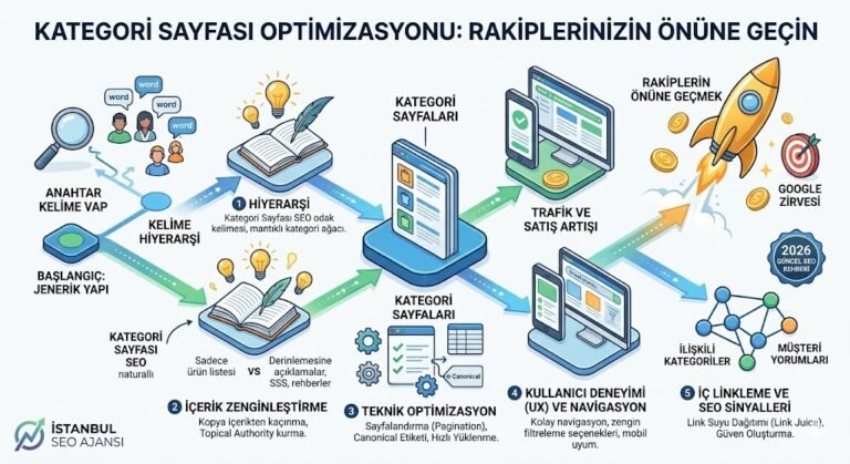 Kategori sayfası SEO optimizasyonu rehberi infografik 2026 güncel