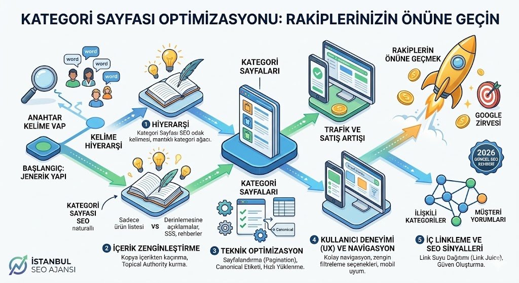 Kategori sayfası SEO optimizasyonu rehberi infografik 2026 güncel