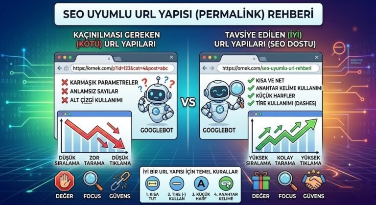 SEO uyumlu URL yapısı ile karmaşık URL yapılarını karşılaştıran, Googlebot figürleri ve performans grafiklerini içeren rehber infografik.