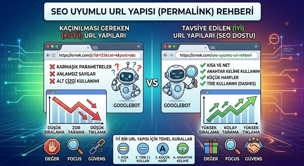 SEO uyumlu URL yapısı ile karmaşık URL yapılarını karşılaştıran, Googlebot figürleri ve performans grafiklerini içeren rehber infografik.