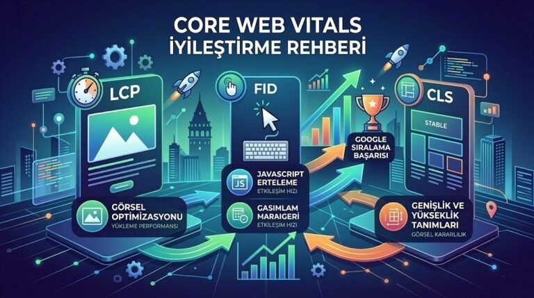 Core Web Vitals iyileştirme rehberi LCP, FID, CLS infografiği