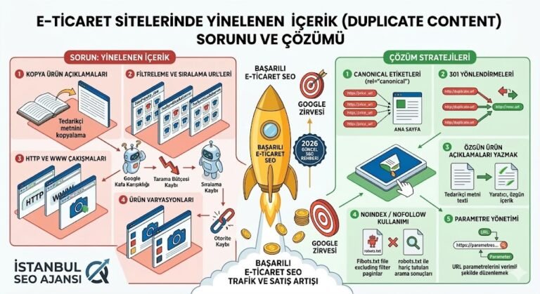 E-ticaret yinelenen içerik sorunu çözümü rehberi infografik 2026 güncel