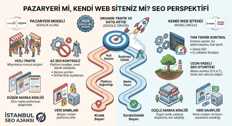 Pazaryeri mi kendi siten mi SEO perspektifi ve stratejik karşılaştırma rehberi 2026 infografik