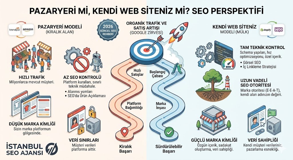 Pazaryeri mi kendi siten mi SEO perspektifi ve stratejik karşılaştırma rehberi 2026 infografik