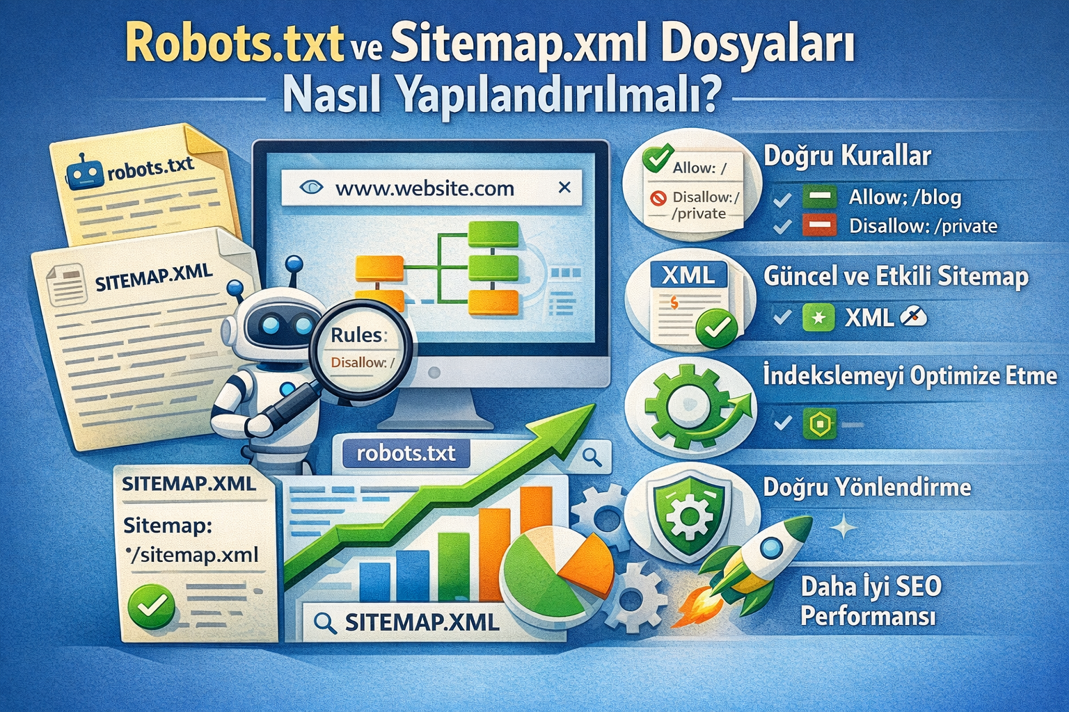 Arama motoru botlarının tarama bütçesini optimize eden teknik robots ve sitemap dosya yapılandırması şeması.