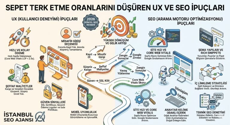 Sepet terk etme oranlarını düşüren teknik UX ve SEO ipuçları infografik rehber 2026 güncel