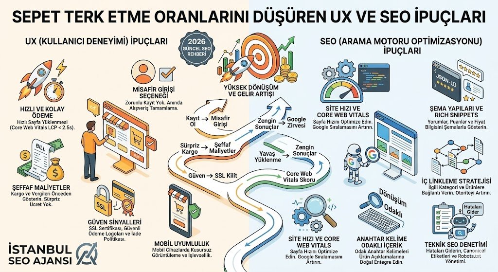 Sepet terk etme oranlarını düşüren teknik UX ve SEO ipuçları infografik rehber 2026 güncel