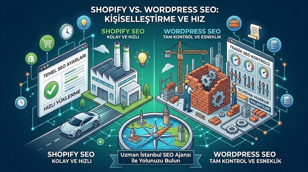 Shopify vs WordPress SEO teknik karşılaştırma infografiğ
