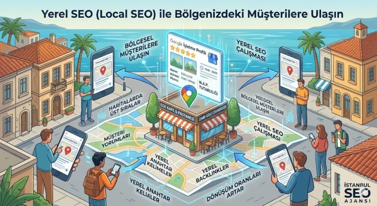 Yerel SEO çalışması ile bölgenizdeki müşterilere ulaşın infografik rehber 2026 güncel