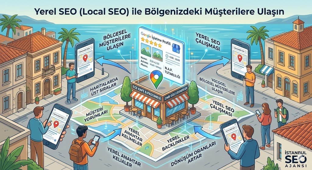 Yerel SEO çalışması ile bölgenizdeki müşterilere ulaşın infografik rehber 2026 güncel
